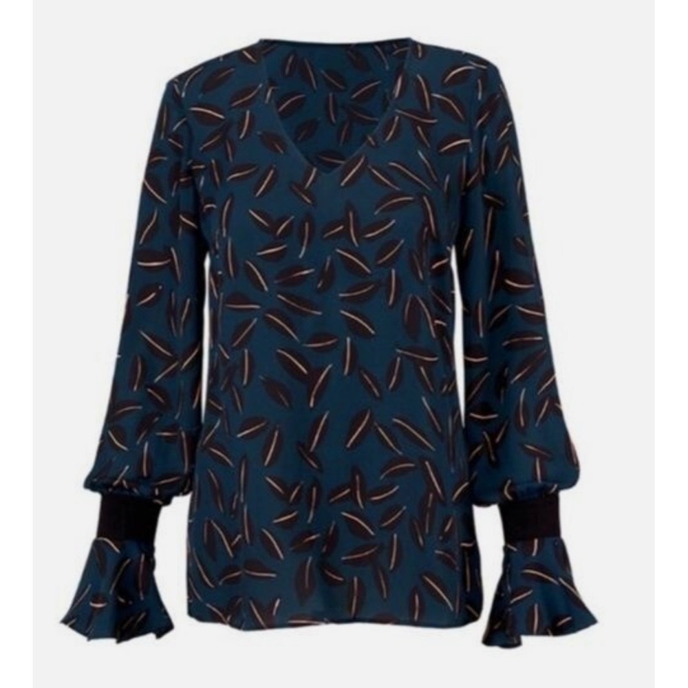 Cabi #3763 Shadow Leaf Blouse teal blue black polyesterโ V-neck long sleeves M
